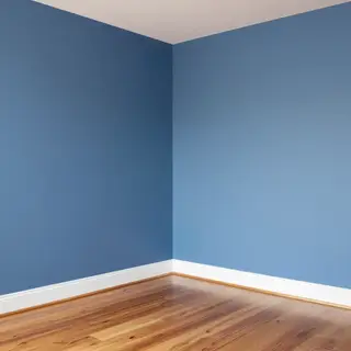 A room with walls in #4A90D9 (medium blue) with warm wooden 