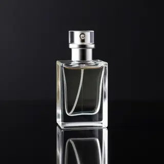 A clear glass perfume bottle on a reflective black surface w