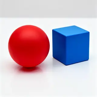 A red ball and a blue cube sitting side by side on a white s