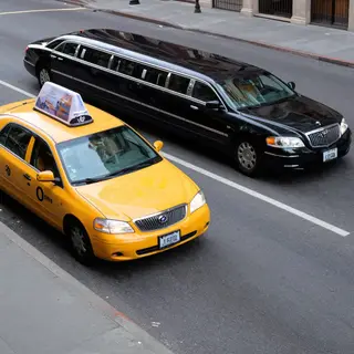 A yellow taxi and a black limousine parked next to each othe