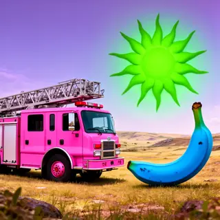 A pink fire truck, a blue banana, and a green sun in a surre