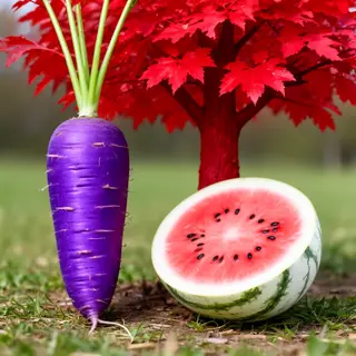A purple carrot, a red tree with red leaves, and a white wat