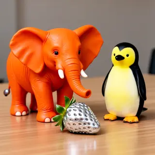 An orange elephant, a yellow penguin, and a silver strawberr