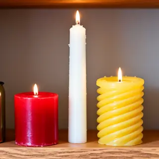 A tall thin white candle, a short fat red candle, and a medi