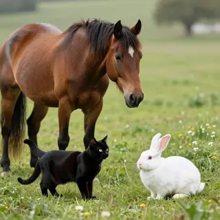 A big brown horse, a small white rabbit, and a medium-sized 