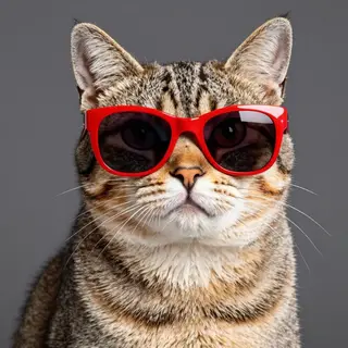A tabby cat wearing oversized red sunglasses