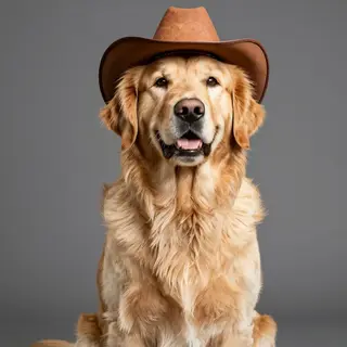 A golden retriever wearing a tiny cowboy hat