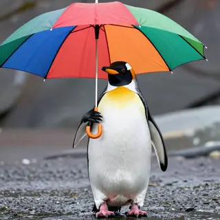 A penguin holding a colorful umbrella