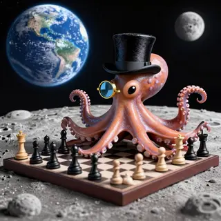 An octopus wearing a top hat and monocle playing chess on th