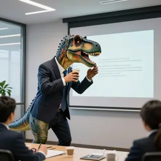 A dinosaur in a business suit giving a PowerPoint presentati