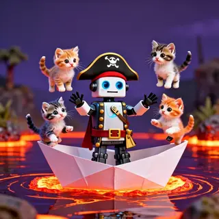 A robot dressed as a pirate sailing a paper boat on a lake o