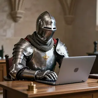 A medieval knight in full armor sitting at a desk typing on 