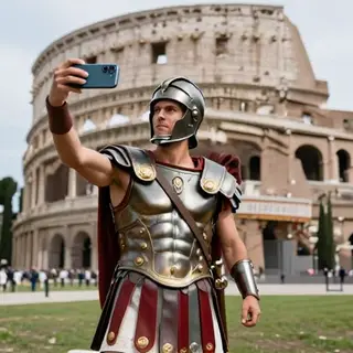 A Roman gladiator taking a selfie with a smartphone in the C