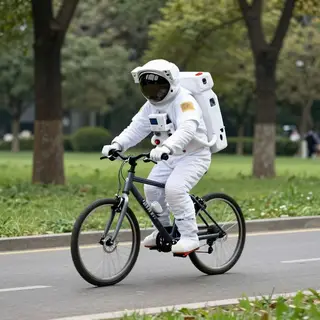 An astronaut in a spacesuit riding a bicycle through a park