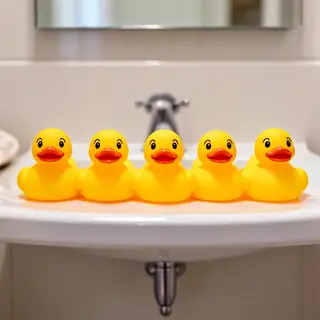 Exactly 5 yellow rubber ducks sitting in a row on a bathroom