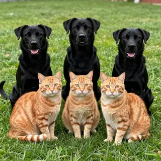 2 orange cats and 3 black dogs sitting together on a grassy 