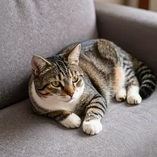 A cat lying on a couch without a collar