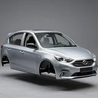 A car body with windows, doors, and headlights but no wheels