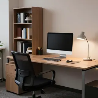 An office workspace with a desk, chair, bookshelf, and lamp 