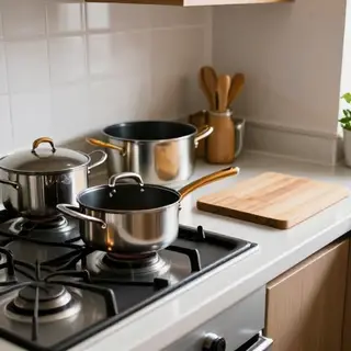 A kitchen with pots, pans, a stove, and a cutting board but 