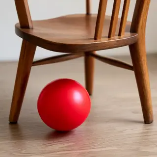 A red ball underneath a wooden chair
