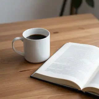 A coffee mug next to an open book on a desk