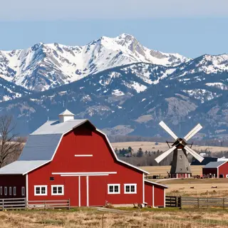 A landscape with a red barn in the foreground at large scale