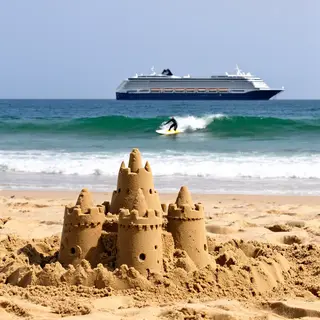 A beach scene with a sandcastle in the foreground, a surfer 