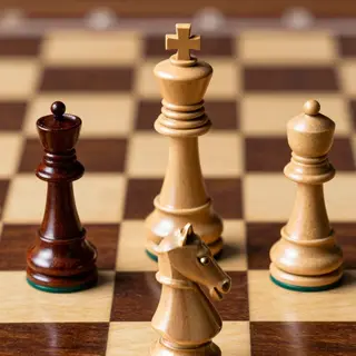 Five chess pieces on a board: a king in the center, a queen 