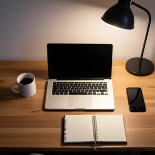 A desk scene: laptop in the center, coffee mug to the left, 