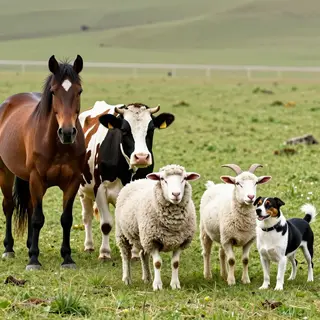 Five animals in a field: a horse on the far left, a cow to t