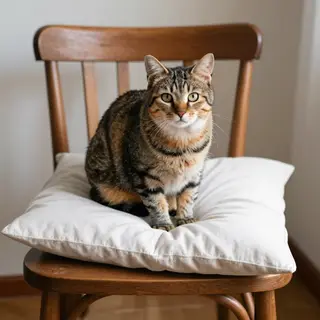 A cat sitting on a pillow, the pillow placed on a wooden cha