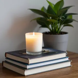 A candle on top of a stack of books, the books next to a pot