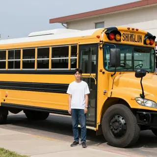 A person standing next to a yellow school bus, showing reali