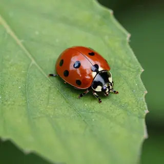 A ladybug sitting on a large green leaf, shown at realistic 