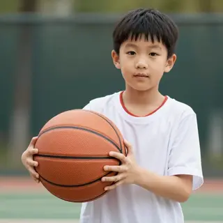 A child holding a basketball, both at correct relative sizes