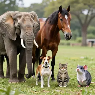 A group photo of an elephant, a horse, a dog, a cat, and a m