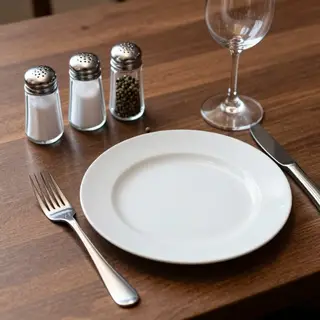 A dinner table scene with a plate, fork, knife, wine glass, 