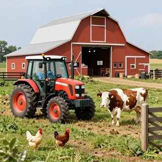A farm scene with a barn, tractor, farmer, cow, chicken, and