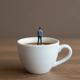 A tiny person standing on the rim of a coffee cup, looking d