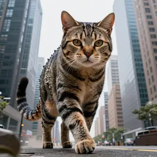 A giant tabby cat walking between city skyscrapers like a ka