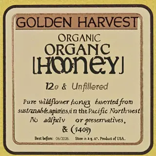 A product label for 'GOLDEN HARVEST ORGANIC HONEY' with subt