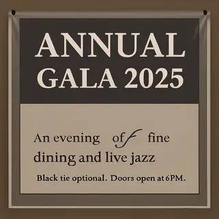 An event banner with headline 'ANNUAL GALA 2025' at the top 