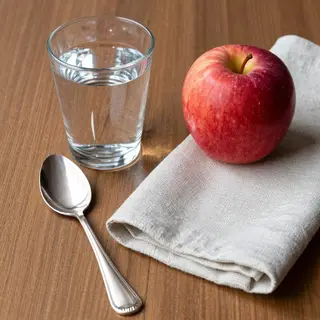 A still life on a wooden table featuring a clear glass of wa