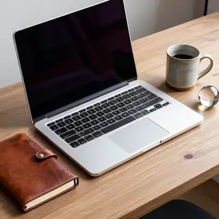 A workspace desk with a brushed aluminum laptop, a leather-b