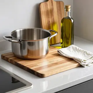 A kitchen counter with a stainless steel pot, a wooden cutti