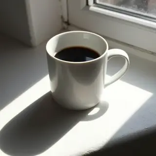 A coffee mug on a sunny windowsill casting a sharp shadow to