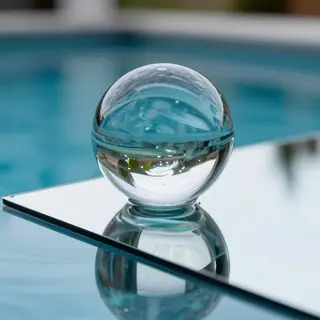 A clear glass sphere sitting on a mirror surface near a pool