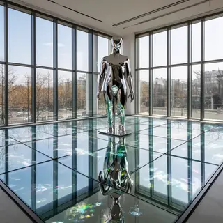 A chrome sculpture in a room with a glass floor and large wi