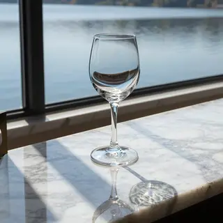 A crystal wine glass on a polished marble counter next to a 